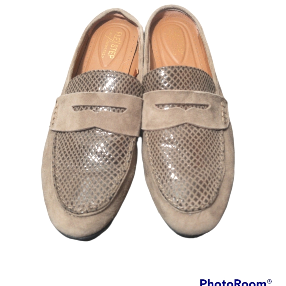 Flex Step by G.H Bass. Taupe suede mule style shoes with faux snakeskin detail
